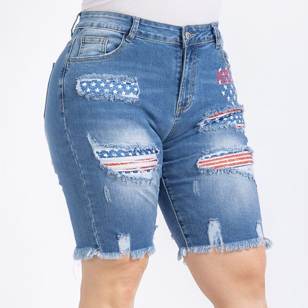 Light Blue Distressed Denim Bermuda Shorts Patriotic NWOT